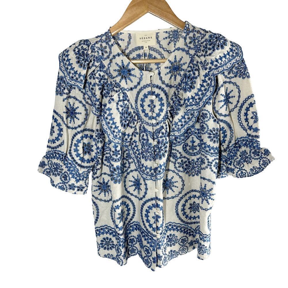 Sezane South Blouse Embroidered Floral Eyelet 
Blouse Summer French Blouse US 6